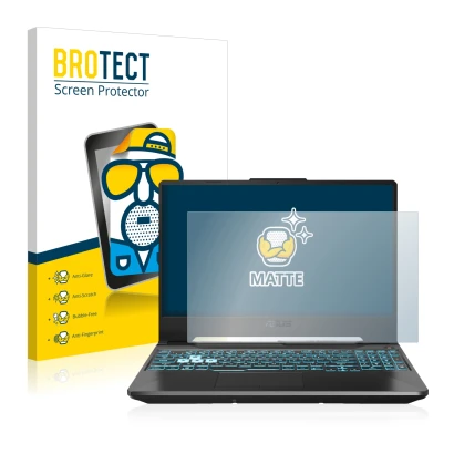 Vorderseite einer Produktverpackung mit dem Markenlogo BROTECT. Daneben ist das Gerät ASUS TUF Gaming A15 mit dem zugehörigen 