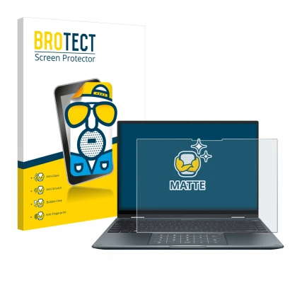 Vorderseite einer Produktverpackung mit dem Markenlogo BROTECT. Daneben ist das Gerät ASUS ZenBook 14 Flip OLED mit dem zugehö