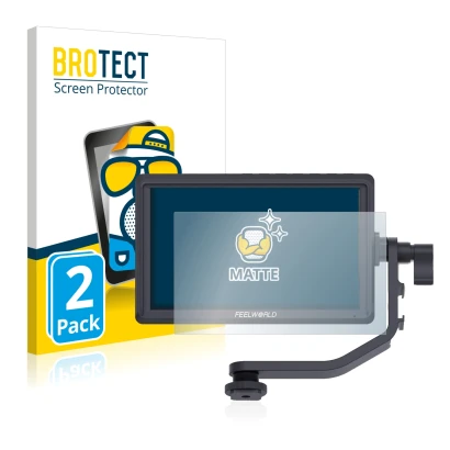 Vorderseite einer Produktverpackung mit dem Markenlogo BROTECT. Daneben ist das Gerät Feelworld FW568 5.5" mit dem zugehörigen