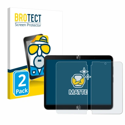 Vorderseite einer Produktverpackung mit dem Markenlogo BROTECT. Daneben ist das Gerät Microsoft Surface Duo 2 (Inneres Display