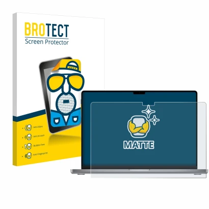 Vorderseite einer Produktverpackung mit dem Markenlogo BROTECT. Daneben ist das Gerät Apple MacBook Pro 16