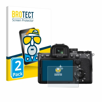 Vorderseite einer Produktverpackung mit dem Markenlogo BROTECT. Daneben ist das Gerät Sony Alpha 7 IV mit dem zugehörigen Disp