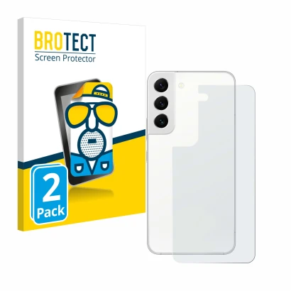 Vorderseite einer Produktverpackung mit dem Markenlogo BROTECT. Daneben ist das Gerät Samsung Galaxy S22 5G (Rückseite) mit de