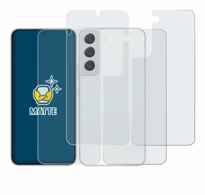 Abbildung des Geräts Samsung Galaxy S22 5G (Display+Rückseite) mit einer Vielzahl des Displayschutzes.