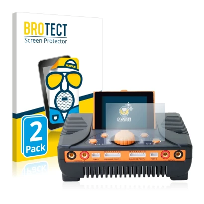 Vorderseite einer Produktverpackung mit dem Markenlogo BROTECT. Daneben ist das Gerät Junsi iCharger 406 Duo mit dem zugehörig