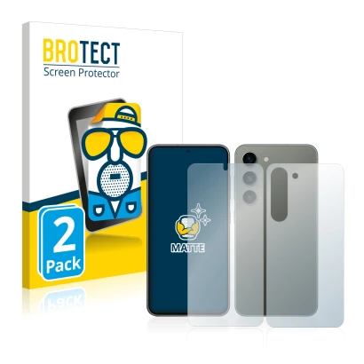 Vorderseite einer Produktverpackung mit dem Markenlogo BROTECT. Daneben ist das Gerät Samsung Galaxy S23 (Display+Rückseite) m