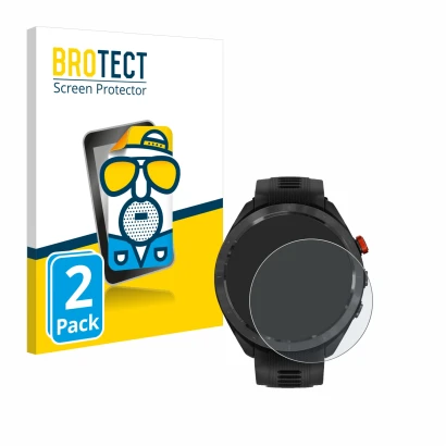 Vorderseite einer Produktverpackung mit dem Markenlogo BROTECT. Daneben ist das Gerät Garmin Approach S70 (47 mm) mit dem zuge