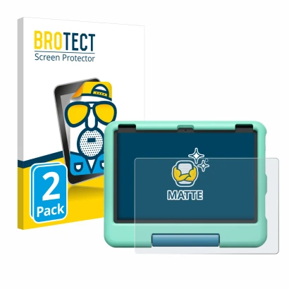 Vorderseite einer Produktverpackung mit dem Markenlogo BROTECT. Daneben ist das Gerät Amazon Fire HD 10 Kids 2023 mit dem zuge