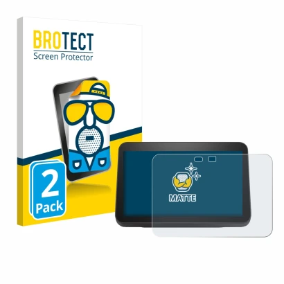 Vorderseite einer Produktverpackung mit dem Markenlogo BROTECT. Daneben ist das Gerät Amazon Echo Show 8 2023 (3. Gen.) mit de