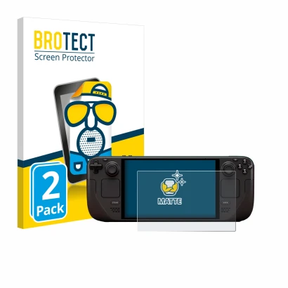 Vorderseite einer Produktverpackung mit dem Markenlogo BROTECT. Daneben ist das Gerät Valve Steam Deck OLED mit dem zugehörige