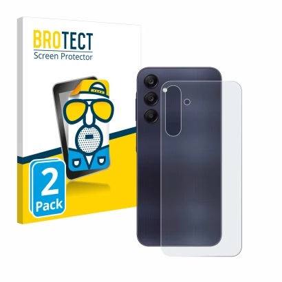 Vorderseite einer Produktverpackung mit dem Markenlogo BROTECT. Daneben ist das Gerät Samsung Galaxy A25 5G (Rückseite) mit de