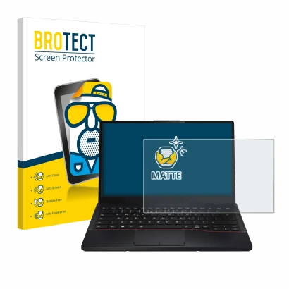 Vorderseite einer Produktverpackung mit dem Markenlogo BROTECT. Daneben ist das Gerät Fujitsu Lifebook E5412 mit dem zugehörig