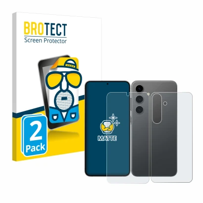 Vorderseite einer Produktverpackung mit dem Markenlogo BROTECT. Daneben ist das Gerät Samsung Galaxy S24 Plus (Display+Rücksei