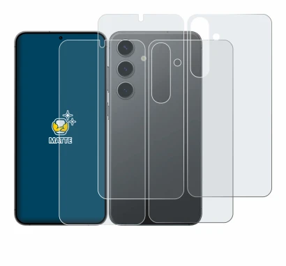 Abbildung des Geräts Samsung Galaxy S24 Plus (Display+Rückseite) mit einer Vielzahl des Displayschutzes.