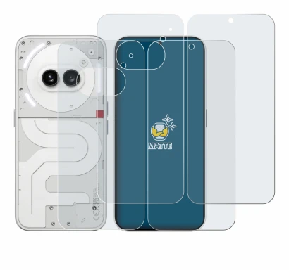 Abbildung des Geräts Nothing Phone (2a) (Display+Rückseite) mit einer Vielzahl des Displayschutzes.