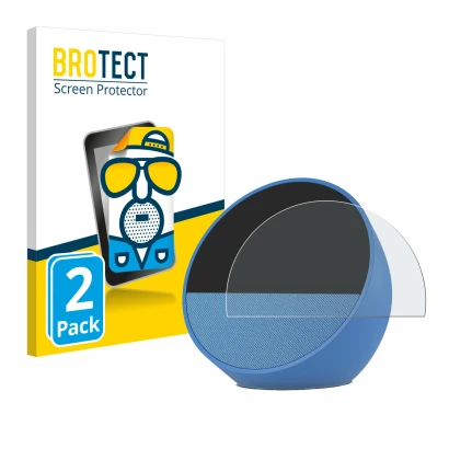 Vorderseite einer Produktverpackung mit dem Markenlogo BROTECT. Daneben ist das Gerät Amazon Echo Spot 2024 mit dem zugehörige