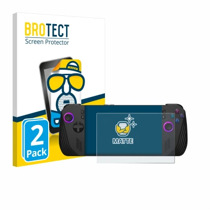 Vorderseite einer Produktverpackung mit dem Markenlogo BROTECT. Daneben ist das Gerät ASUS ROG Ally X (2024) mit dem zugehörig