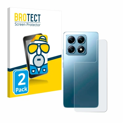 Vorderseite einer Produktverpackung mit dem Markenlogo BROTECT. Daneben ist das Gerät Xiaomi 14T Pro (Rückseite) mit dem zugeh