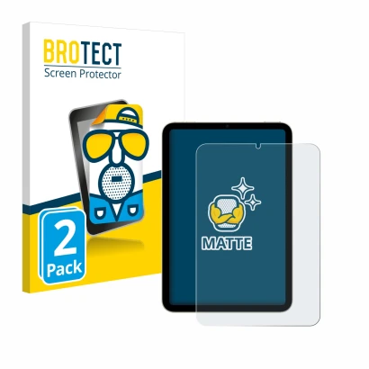 Vorderseite einer Produktverpackung mit dem Markenlogo BROTECT. Daneben ist das Gerät Apple iPad Mini 7 2024 mit dem zugehörig