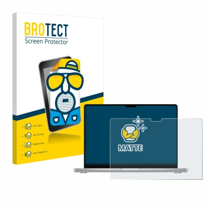 Vorderseite einer Produktverpackung mit dem Markenlogo BROTECT. Daneben ist das Gerät Apple MacBook Pro 14