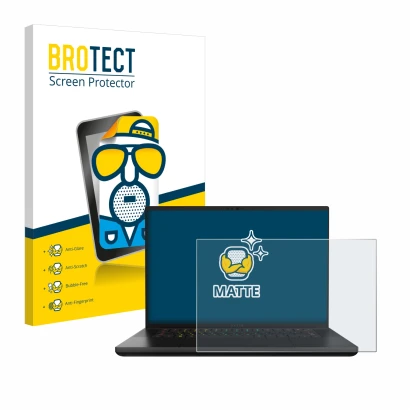 Vorderseite einer Produktverpackung mit dem Markenlogo BROTECT. Daneben ist das Gerät Razer Blade 16 2024 mit dem zugehörigen 