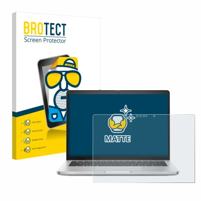 Vorderseite einer Produktverpackung mit dem Markenlogo BROTECT. Daneben ist das Gerät Dell Pro 14 Plus 2-in-1 PB14250 mit dem 