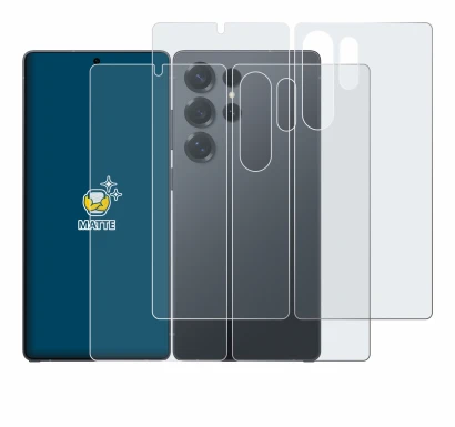 Abbildung des Geräts Samsung Galaxy S25 Ultra (Display+Rückseite) mit einer Vielzahl des Displayschutzes.