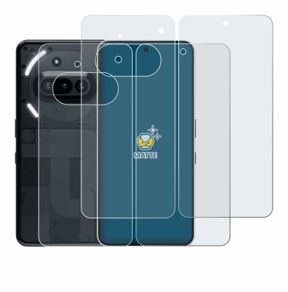 Abbildung des Geräts Nothing Phone (3a) (Display+Rückseite) mit einer Vielzahl des Displayschutzes.