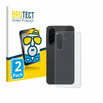 Vorderseite einer Produktverpackung mit dem Markenlogo BROTECT. Daneben ist das Gerät Samsung Galaxy A36 5G (Rückseite) mit de