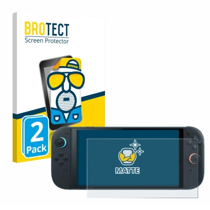 Vorderseite einer Produktverpackung mit dem Markenlogo BROTECT. Daneben ist das Gerät Nintendo Switch 2 mit dem zugehörigen Di