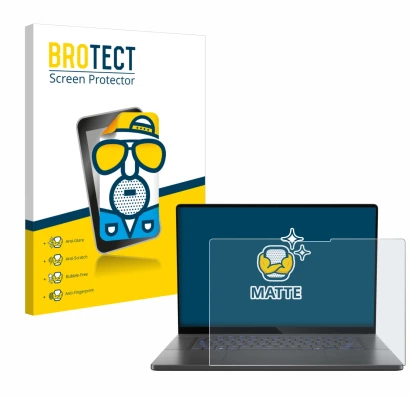 Vorderseite einer Produktverpackung mit dem Markenlogo BROTECT. Daneben ist das Gerät ASUS ROG Zephyrus G16 2025 mit dem zugeh