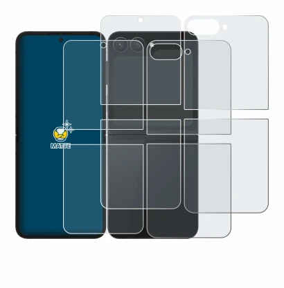 Abbildung des Geräts Samsung Galaxy Z Flip 7 FE (Display+Rückseite) mit einer Vielzahl des Displayschutzes.