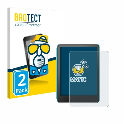 Vorderseite einer Produktverpackung mit dem Markenlogo BROTECT. Daneben ist das Gerät Amazon Kindle Colorsoft Kids mit dem zug