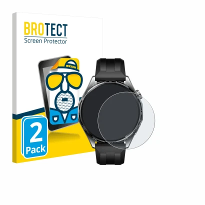 Vorderseite einer Produktverpackung mit dem Markenlogo BROTECT. Daneben ist das Gerät Huawei Watch GT 6 (46 mm) mit dem zugehö