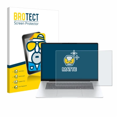 Vorderseite einer Produktverpackung mit dem Markenlogo BROTECT. Daneben ist das Gerät HP OmniBook 5 16 mit dem zugehörigen Dis