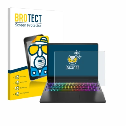 Vorderseite einer Produktverpackung mit dem Markenlogo BROTECT. Daneben ist das Gerät HP Omen Max 16 mit dem zugehörigen Displ