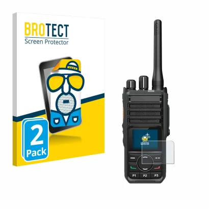 Vorderseite einer Produktverpackung mit dem Markenlogo BROTECT. Daneben ist das Gerät Hytera HP565 mit dem zugehörigen Display