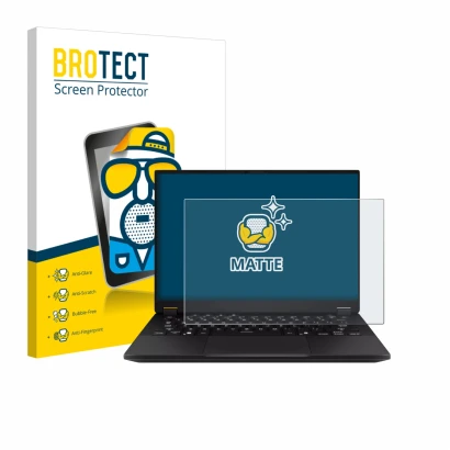 Vorderseite einer Produktverpackung mit dem Markenlogo BROTECT. Daneben ist das Gerät ASUS TUF Gaming A14 mit dem zugehörigen 