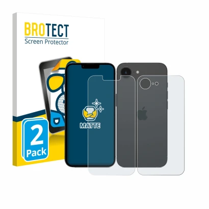 Vorderseite einer Produktverpackung mit dem Markenlogo BROTECT. Daneben ist das Gerät Apple iPhone 17e (Display+Rückseite) mit