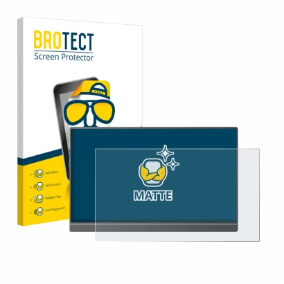 Vorderseite einer Produktverpackung mit dem Markenlogo BROTECT. Daneben ist das Gerät Arzopa Z1C 16.1" mit dem zugehörigen Dis