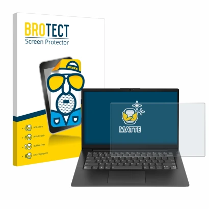 Vorderseite einer Produktverpackung mit dem Markenlogo BROTECT. Daneben ist das Gerät Lenovo V14 Gen 3 mit dem zugehörigen Dis