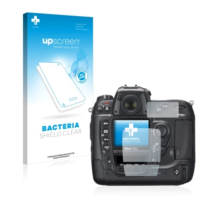 Vorderseite einer Produktverpackung mit dem Markenlogo upscreen. Daneben ist das Gerät Nikon D2X mit dem zugehörigen Displaysc