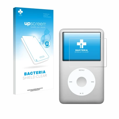 Vorderseite einer Produktverpackung mit dem Markenlogo upscreen. Daneben ist das Gerät Apple iPod classic 160 GB (7. Gen.) mit