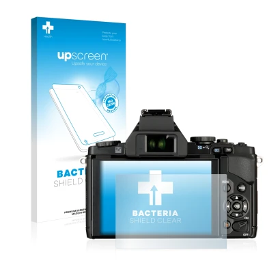 Vorderseite einer Produktverpackung mit dem Markenlogo upscreen. Daneben ist das Gerät Olympus OM-D E-M5 mit dem zugehörigen D