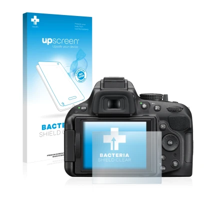 Vorderseite einer Produktverpackung mit dem Markenlogo upscreen. Daneben ist das Gerät Nikon D5200 mit dem zugehörigen Display