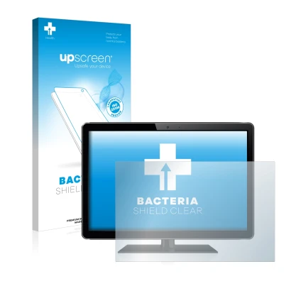 Vorderseite einer Produktverpackung mit dem Markenlogo upscreen. Daneben ist das Gerät mit dem zugehörigen Displayschutz abgeb