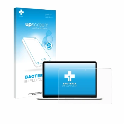 Vorderseite einer Produktverpackung mit dem Markenlogo upscreen. Daneben ist das Gerät Apple MacBook Pro Retina 13" 2014 mit d