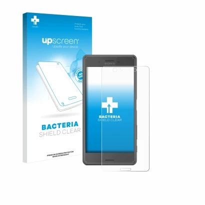 Vorderseite einer Produktverpackung mit dem Markenlogo upscreen. Daneben ist das Gerät Sony Xperia X Performance mit dem zugeh