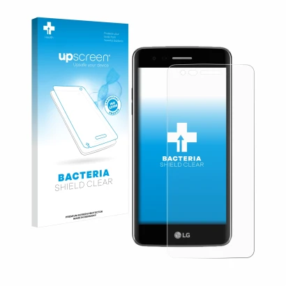 Vorderseite einer Produktverpackung mit dem Markenlogo upscreen. Daneben ist das Gerät LG K8 2017 mit dem zugehörigen Displays