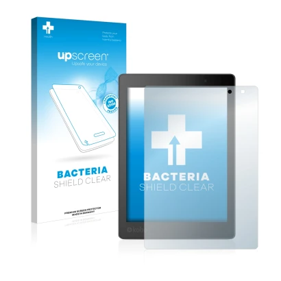 Vorderseite einer Produktverpackung mit dem Markenlogo upscreen. Daneben ist das Gerät Kobo Aura One mit dem zugehörigen Displ
